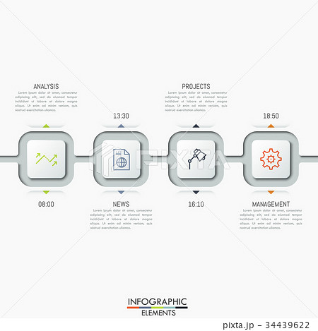 Four connected square elements with icons, text 34439622