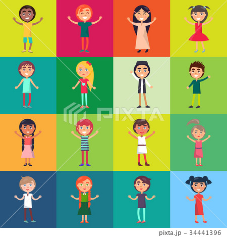 Active Children Isolated on Colorful Backgrounds Active Children Isolated on Colorful Backgrounds 34441396