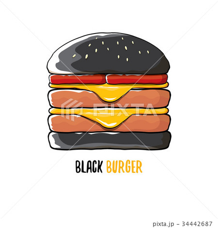 vector cartoon black burger icon with cheese, meat vector cartoon black burger icon with cheese, meat 34442687
