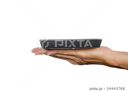 Hand holding black plate isolated on white 34443768