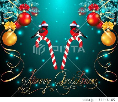 Christmas card with balls and bullfinches Christmas card with balls and bullfinches 34446165