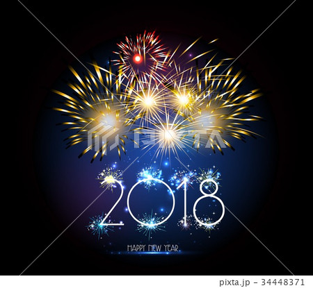 Happy New Year 2018 clock and Firework Happy New Year 2018 clock and Firework 34448371