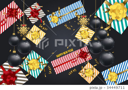 New Year background with golden confetti and gift New Year background with golden confetti and gift 34449711
