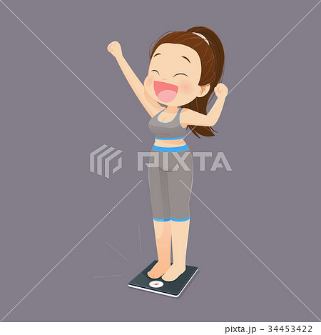 Cartoon woman is happy for loss weight Cartoon woman is happy for loss weight 34453422