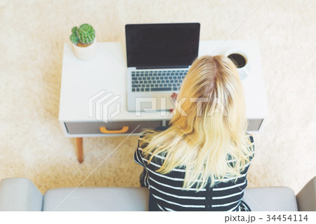 Young woman using a laptop in a living room Young woman using a laptop in a living room 34454114