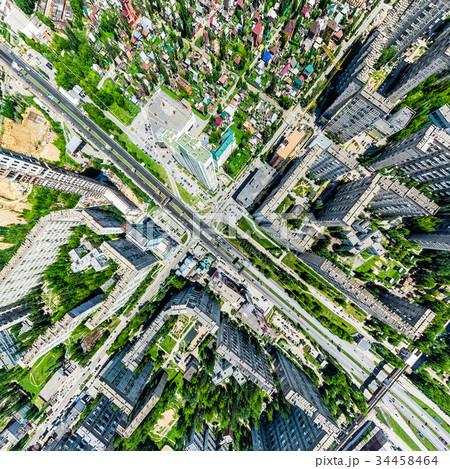 Aerial city view with crossroads and roads, houses Aerial city view with crossroads and roads, houses 34458464