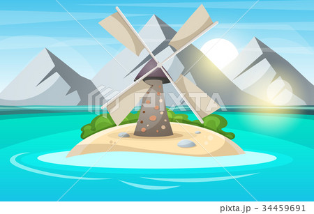 Island cartoon. Mountain, sun, cloud, wind mill 34459691