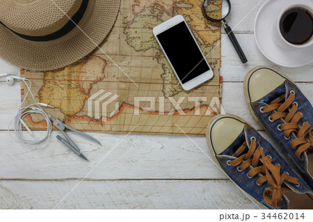Top view of accessories to travel with fashion. Top view of accessories to travel with fashion. 34462014