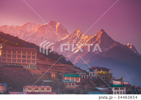 Amazing sunrise view of Namche Bazaar village Amazing sunrise view of Namche Bazaar village 34463654