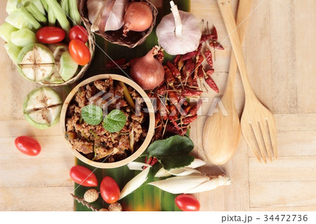 Spicy pork pastes delicious with fresh vegetables. Spicy pork pastes delicious with fresh vegetables. 34472736
