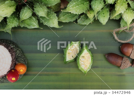 Bitter melon and sliced on wood background. Bitter melon and sliced on wood background. 34472946