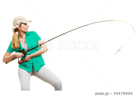 Woman with fishing rod, spinning equipment Woman with fishing rod, spinning equipment 34479404