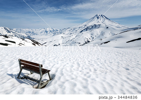 Wooden bench standing for observation of volcano 34484836