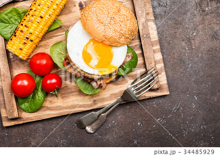Homemmade Bacon Hamburger with fried Egg 34485929