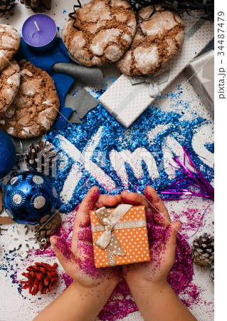 Christmas festive background of gifts top view 34487479