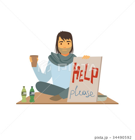 Homeless man character holding signboard asking Homeless man character holding signboard asking 34490592