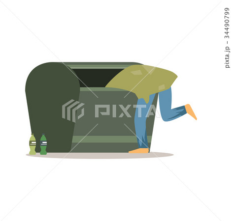 Young homeless man character looking for food in a 34490799