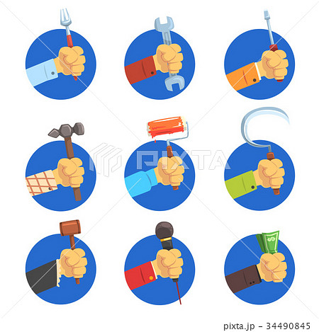 Hands holding tools set, mans hand with the symbol 34490845
