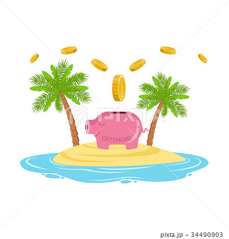 Gold coins falling in a piggy bank on a tropical 34490903