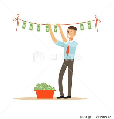 Businessman drying banknotes on the clothesline Businessman drying banknotes on the clothesline 34490942