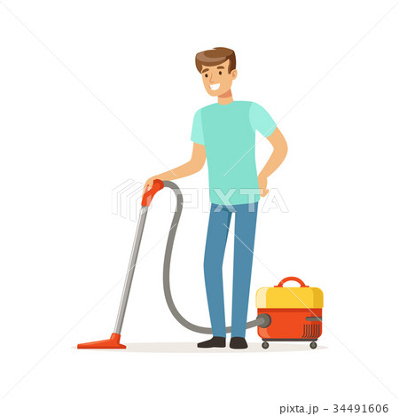 Young smiling man cleaning the floor with vacuum Young smiling man cleaning the floor with vacuum 34491606