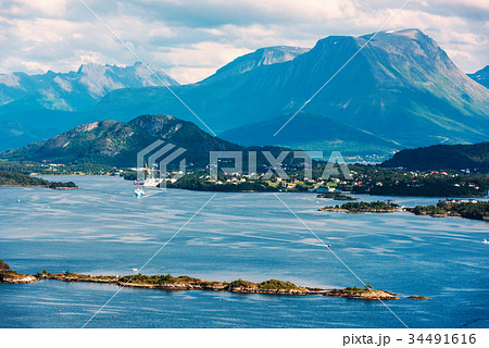 Colorful sunset in Alesund port town Colorful sunset in Alesund port town 34491616