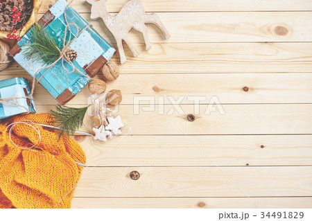 Christmas background on wooden boards 34491829