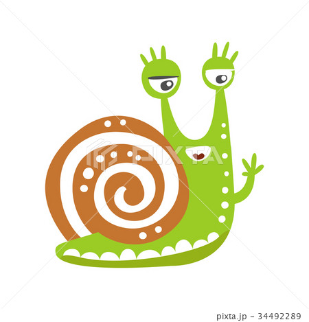 Cute snail character waving its hand, funny 34492289