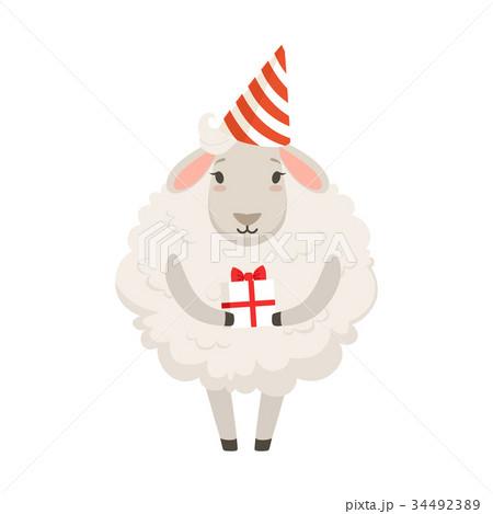 Cute white sheep character wearing party hat Cute white sheep character wearing party hat 34492389