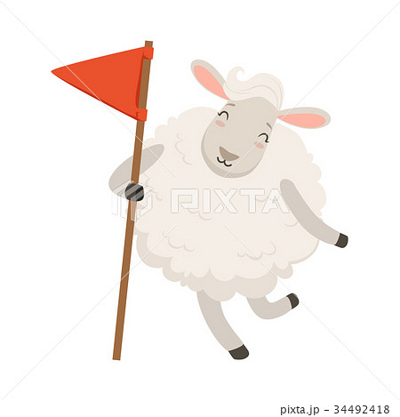 Cute white sheep character holding red flag, funny 34492418