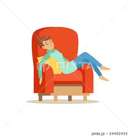 Young woman sleeping on red armchair, relaxing 34492435