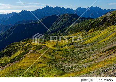 北アルプス 三俣蓮華岳からみる草紅葉の三俣カールと槍 穂高連峰の写真素材
