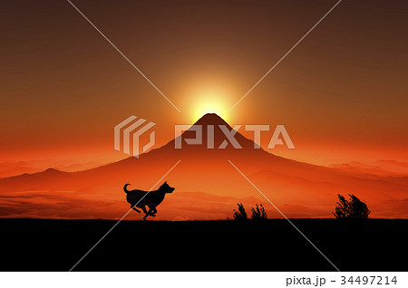 富士山の日の出と走る犬のシルエットのイラスト素材
