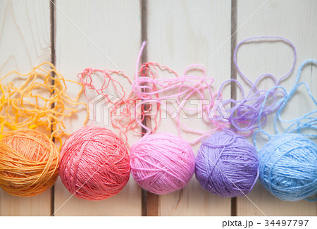 Balls of colored yarn. View from above.  34497797