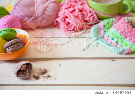 Balls of colored yarn. View from above.  34497952