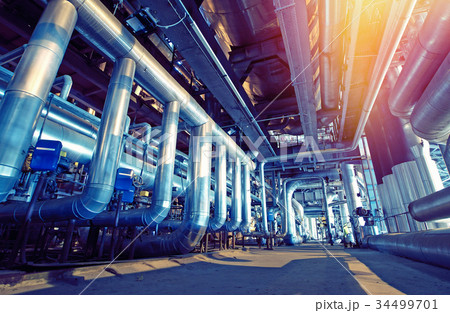 Industrial zone, Steel pipelines, valves and tanks Industrial zone, Steel pipelines, valves and tanks 34499701