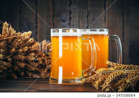 Two glasses of light beer with spikelets of barley 34508664