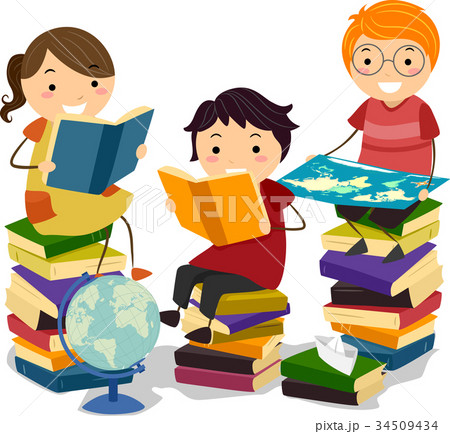 Stickman Kids Study Geography Books Illustration 34509434