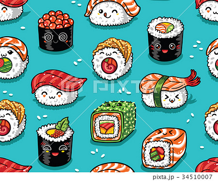 Sushi And Sashimi Seamless Pattern In Kawaii Styleのイラスト素材
