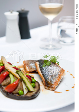 Grilled Halibat Foie Gras, eggplant and asparagus 34510766
