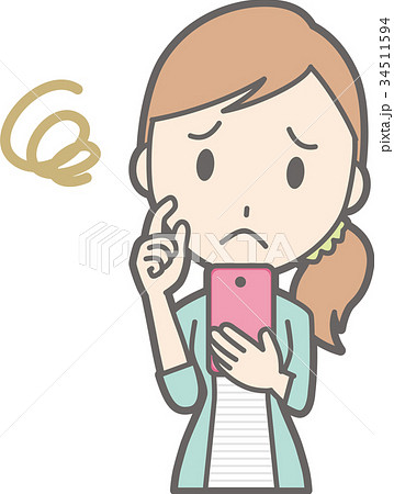 縞模様の服を着た若い女性がスマートフォンを持って困っているイラストのイラスト素材