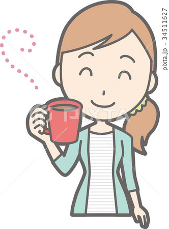 縞模様の服を着た若い女性がコーヒーを飲んでいるイラストのイラスト素材