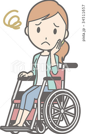 縞模様の服を着た若い女性が車椅子に乗って困っているイラストのイラスト素材