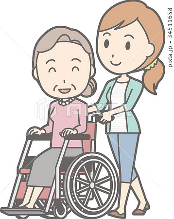 縞模様の服を着た若い女性が車椅子を押しているイラストのイラスト素材