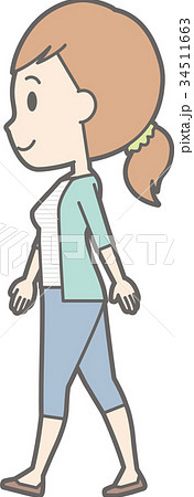 縞模様の服を着た若い女性が横を向いて歩いているイラストのイラスト素材 34511663 Pixta