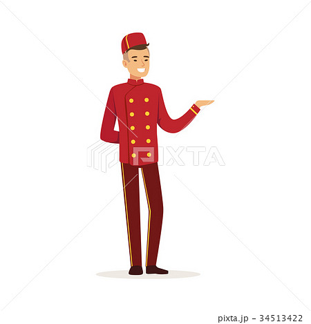 Smiling doorman character wearing red double 34513422