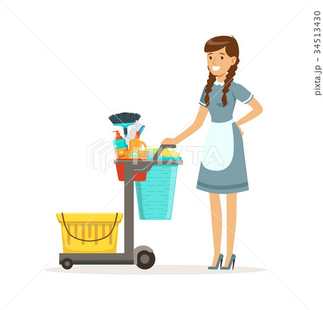Cheerful maid character wearing uniform standing Cheerful maid character wearing uniform standing 34513430