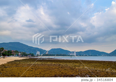 View of rocks on sandy beach in low tide 34516804