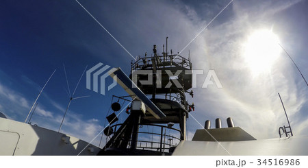 radar antenna tower on modern ship 34516986