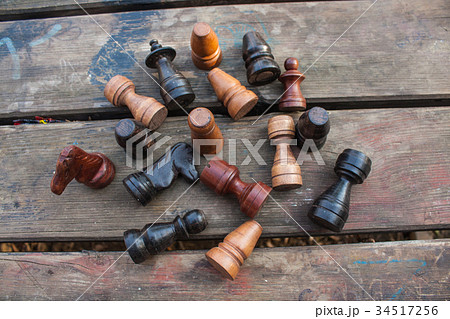 Chess Set. vintage wooden figures closeup  34517256